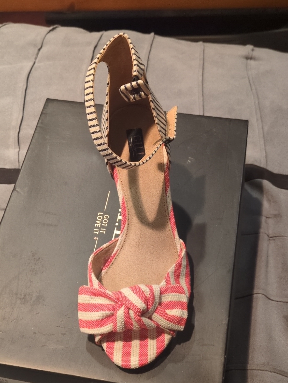 G.I.L.I. Lucille Pink and Cream Striped Open-Toe Wedge Sandals bow front